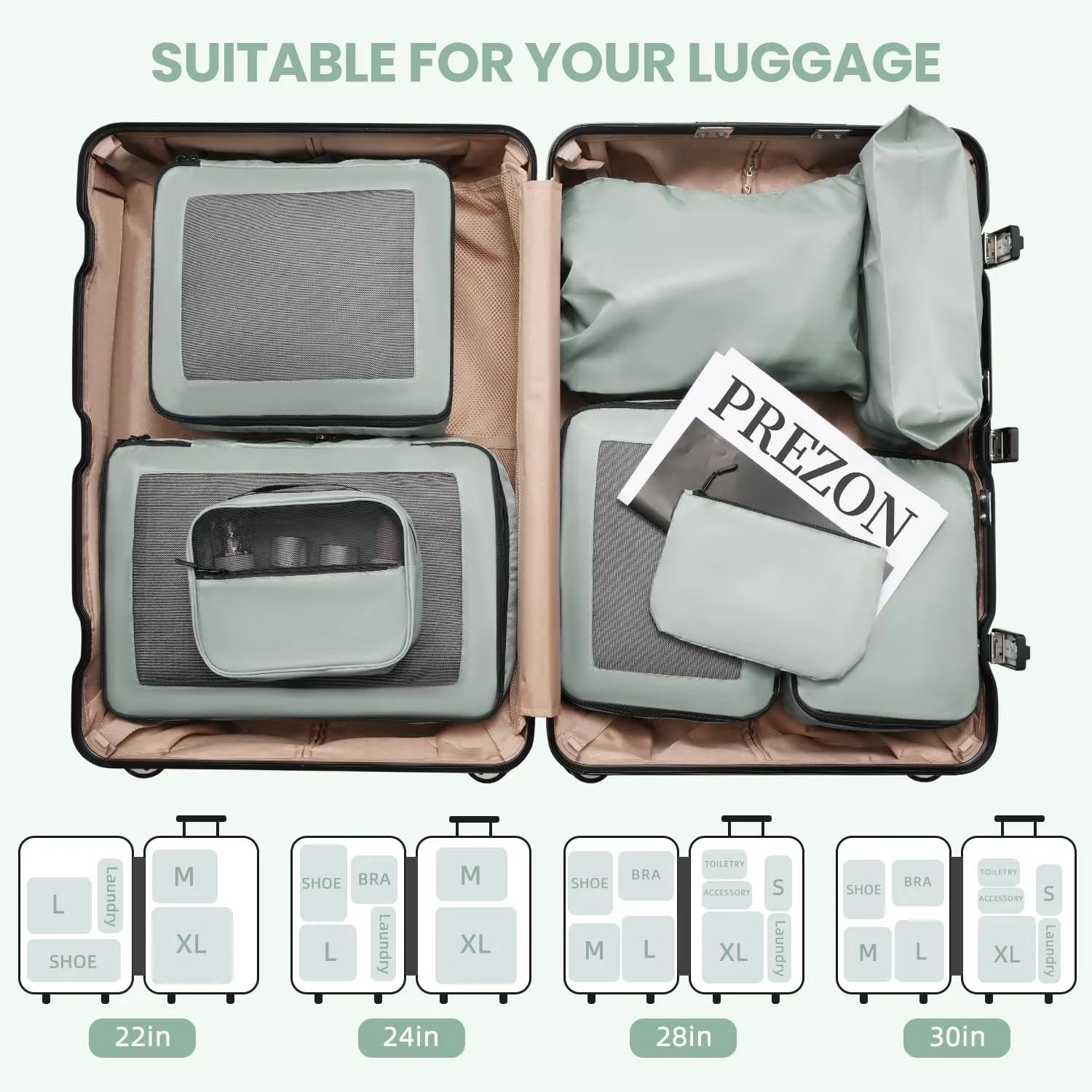 Packing Cubes for Travel | 8 Set Matcha |Durable Luggage Organizer 4 Size(Extra Large, Large, Medium, Small),Comprehensive Cubes for Toiletry,Underwear, Shoe,Travel Essentials,Efficient Women Gifts