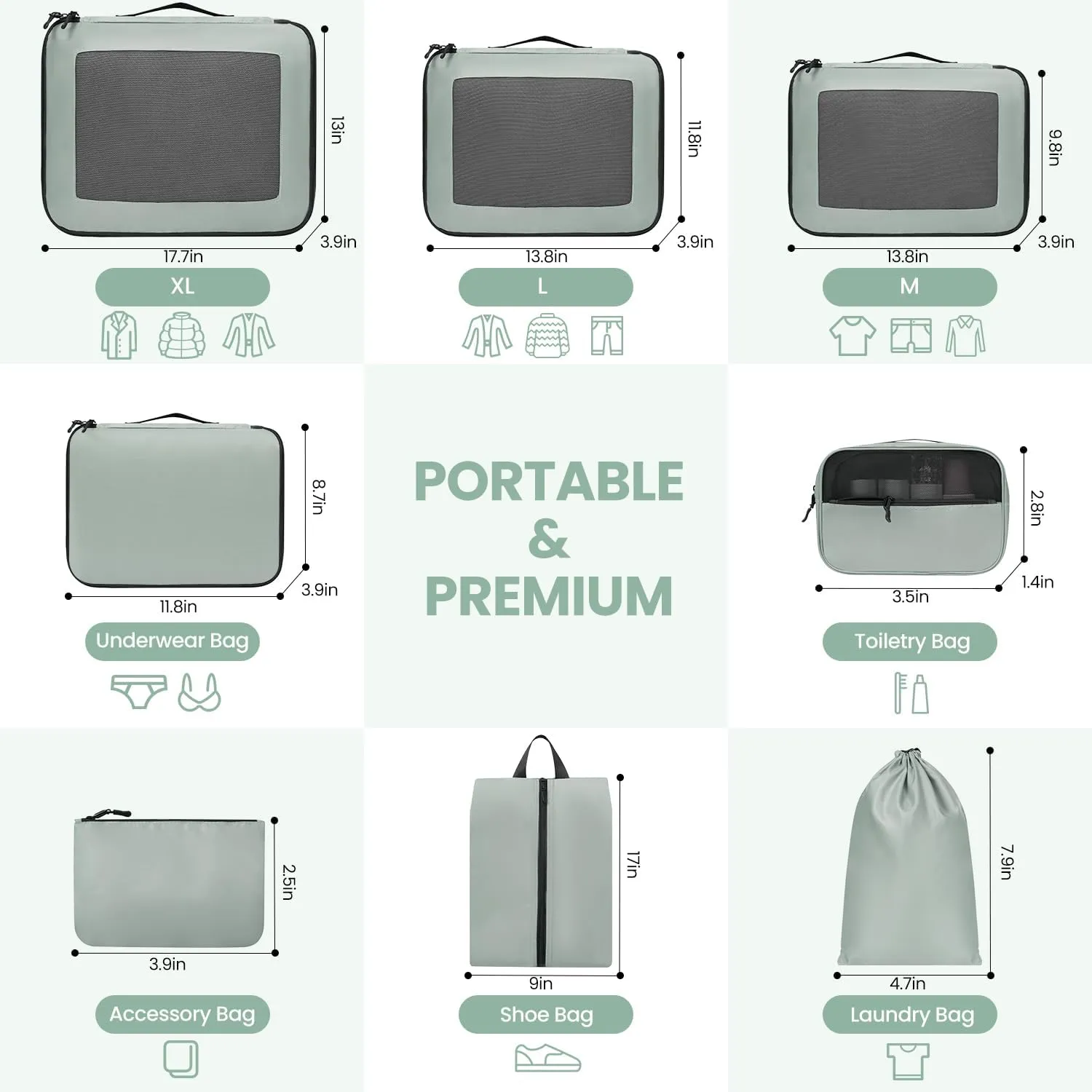 Packing Cubes for Travel | 8 Set Matcha |Durable Luggage Organizer 4 Size(Extra Large, Large, Medium, Small),Comprehensive Cubes for Toiletry,Underwear, Shoe,Travel Essentials,Efficient Women Gifts