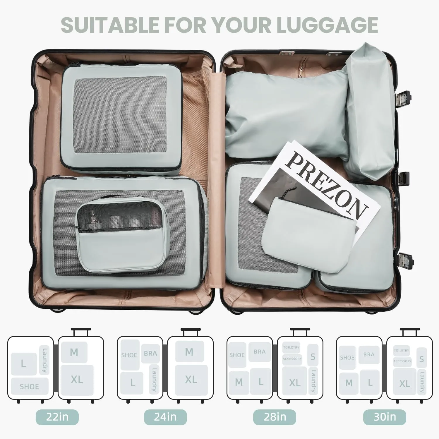 Packing Cubes for Travel |8 Set Mint |Durable Luggage Organizer 4 Size(Extra Large, Large, Medium, Small),Comprehensive Cubes for Toiletry,Underwear, Shoe,Travel Essentials,Efficient Women Gifts