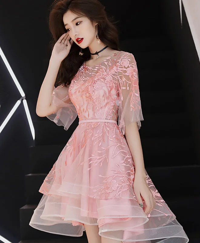 Pink Lace Tulle High Low Prom Dress, Pink Homecoming Dress