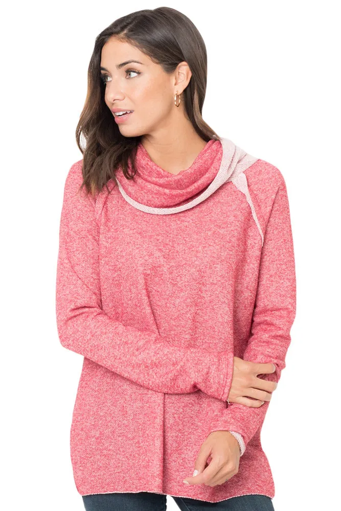 Pink Raw Edge Cowl Neck Pullover Sweatshirt