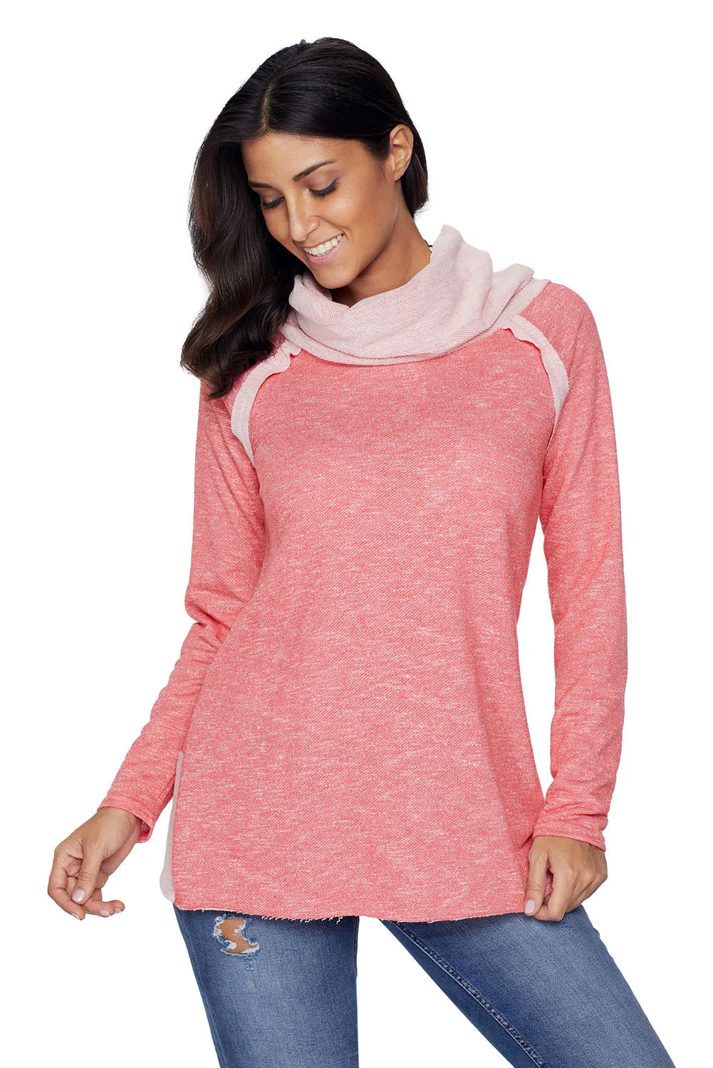 Pink Raw Edge Cowl Neck Pullover Sweatshirt