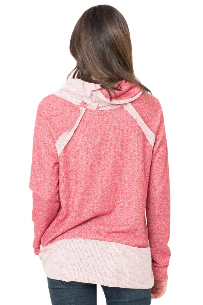 Pink Raw Edge Cowl Neck Pullover Sweatshirt