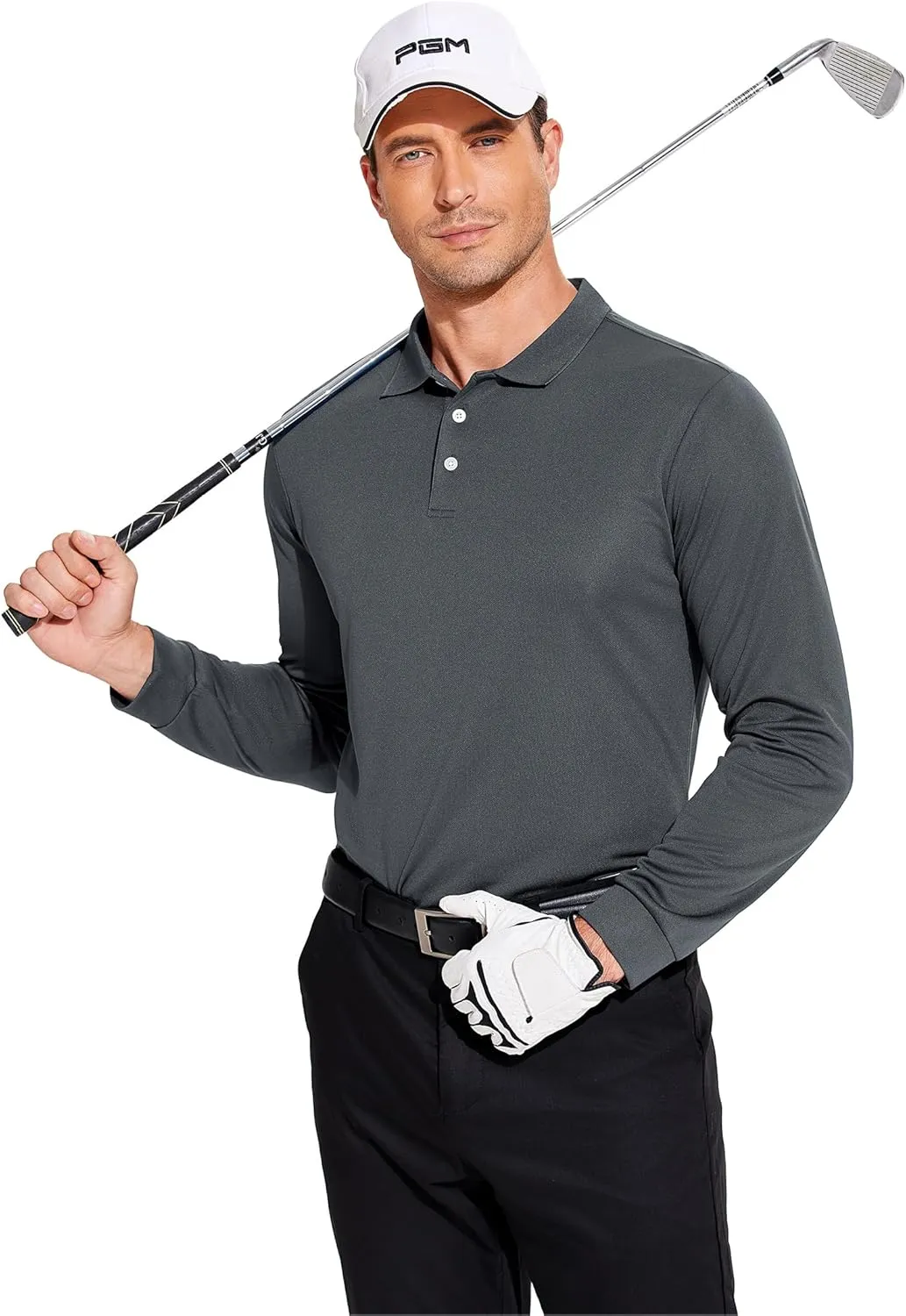 PINSPARK Long Sleeve Polo Shirts for Men Moisture Wicking Golf Shirts Quick Dry Work Hiking Casual Collared Shirt