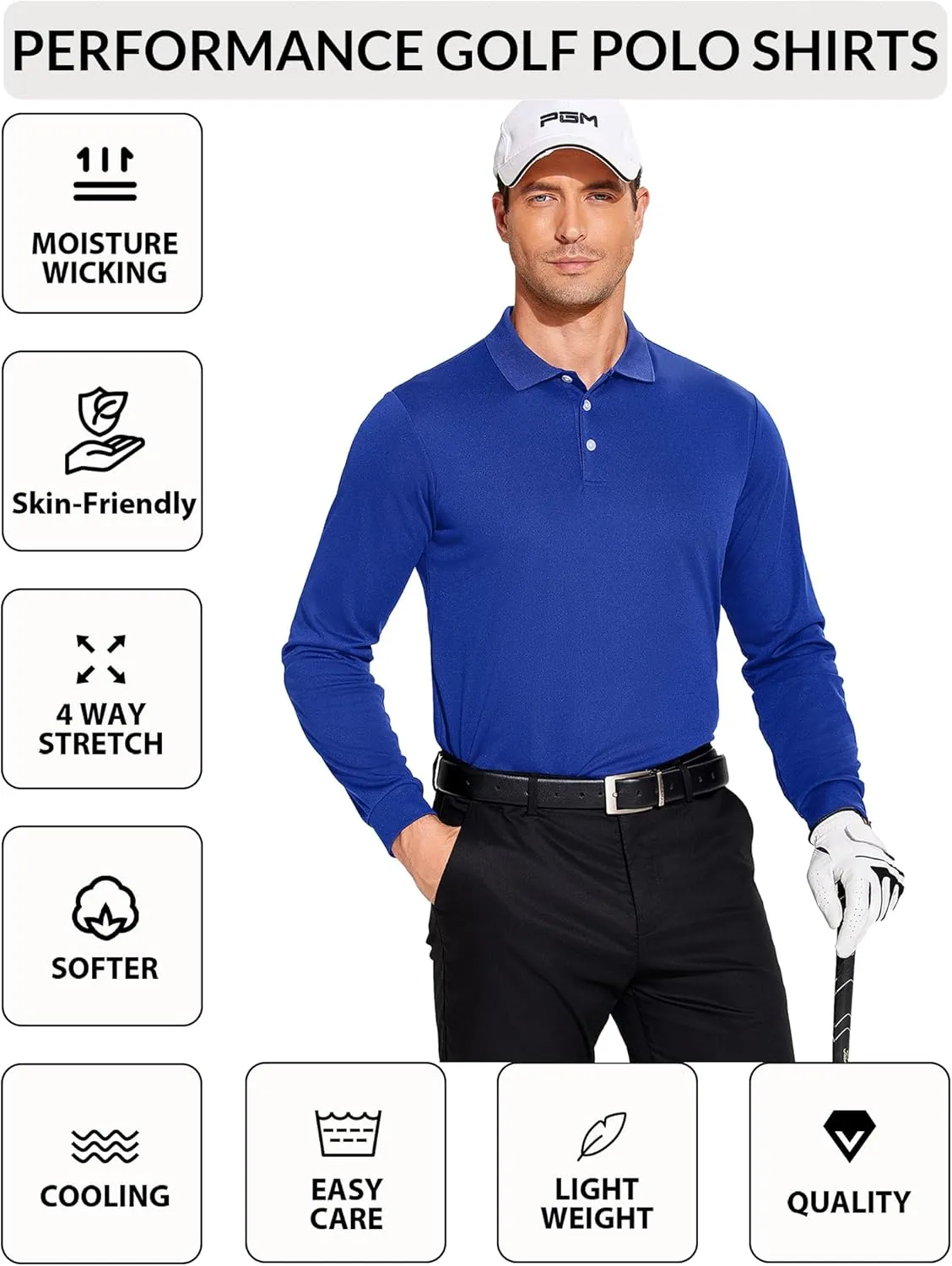 PINSPARK Long Sleeve Polo Shirts for Men Moisture Wicking Golf Shirts Quick Dry Work Hiking Casual Collared Shirt