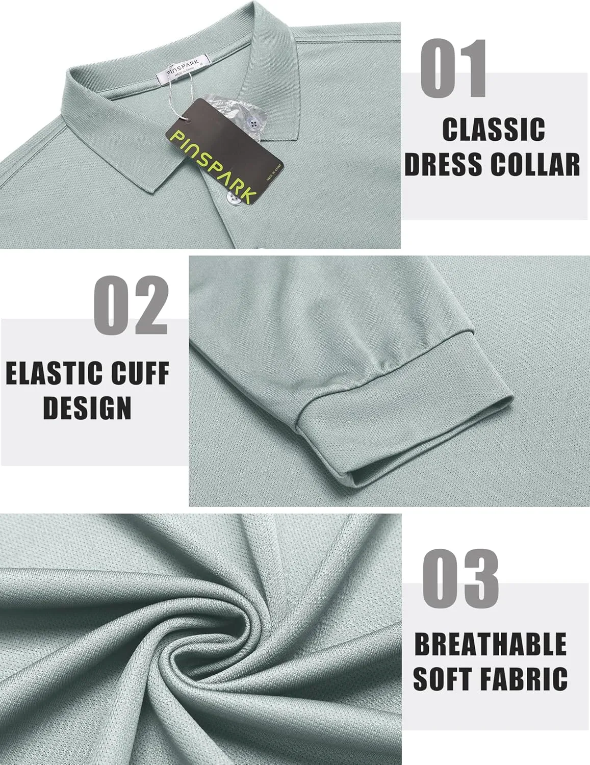 PINSPARK Long Sleeve Polo Shirts for Men Moisture Wicking Golf Shirts Quick Dry Work Hiking Casual Collared Shirt