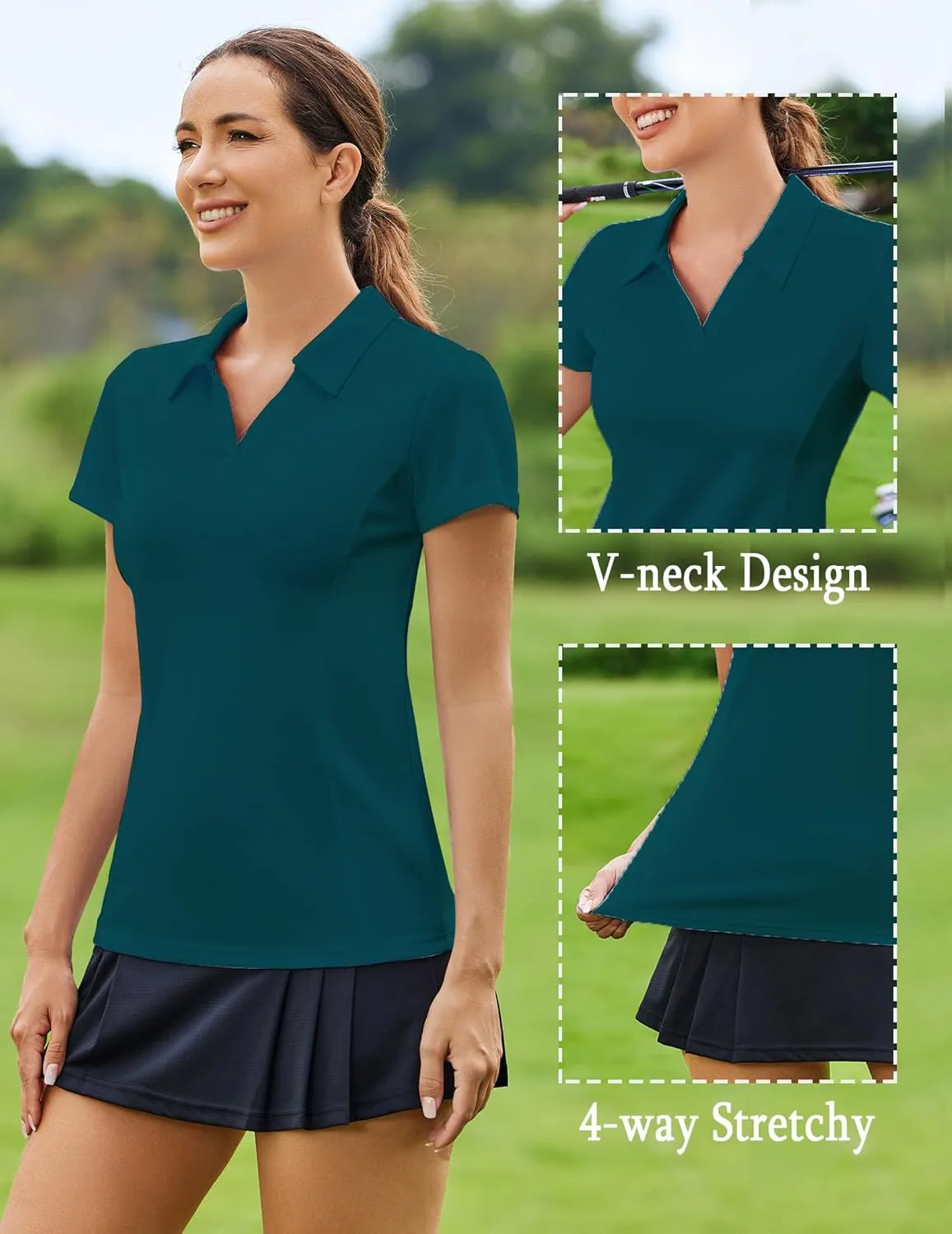 PINSPARK Womens Golf Shirt Short Sleeve Polo Shirts Quick Dry Tennis Tops V-Neck with Collar Pickleball Shirts Golf Outfits