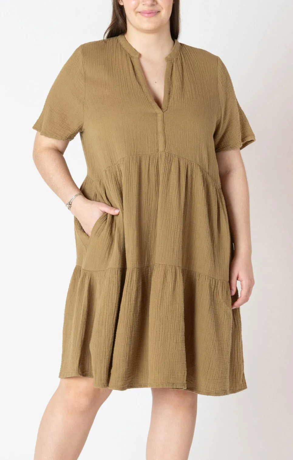 Plus Short Sleeve Flowy Tiered Mini Dress - Washed Sage