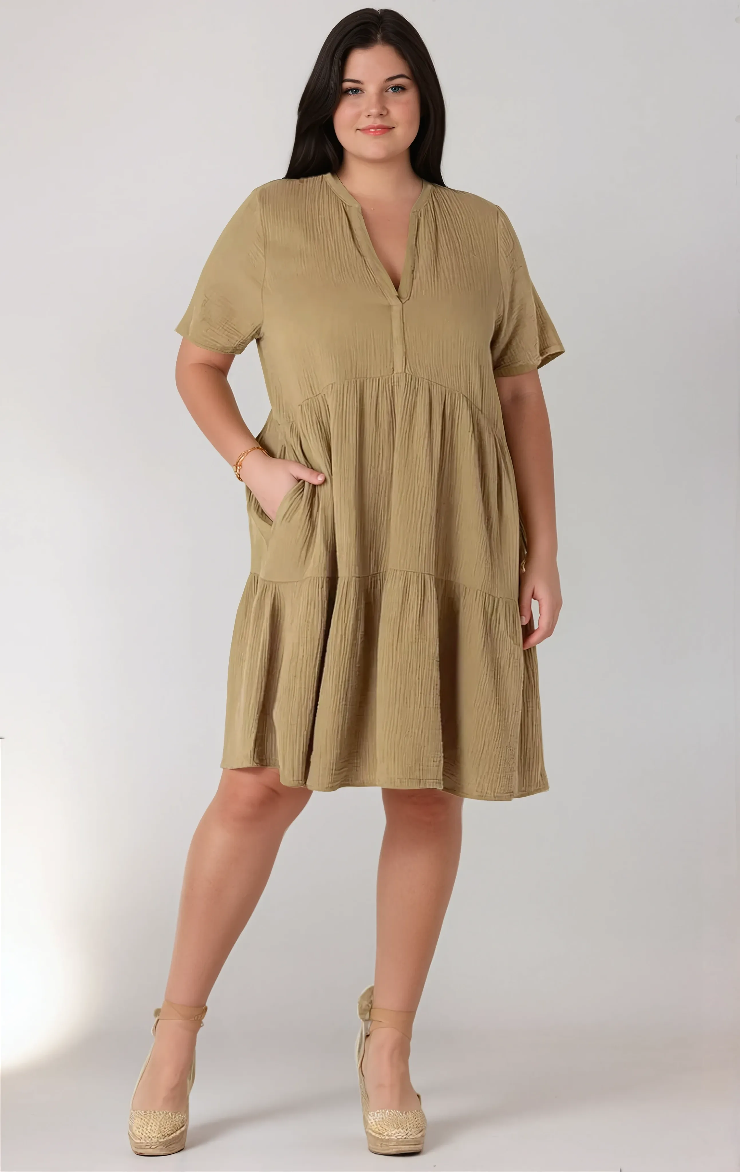 Plus Short Sleeve Flowy Tiered Mini Dress - Washed Sage