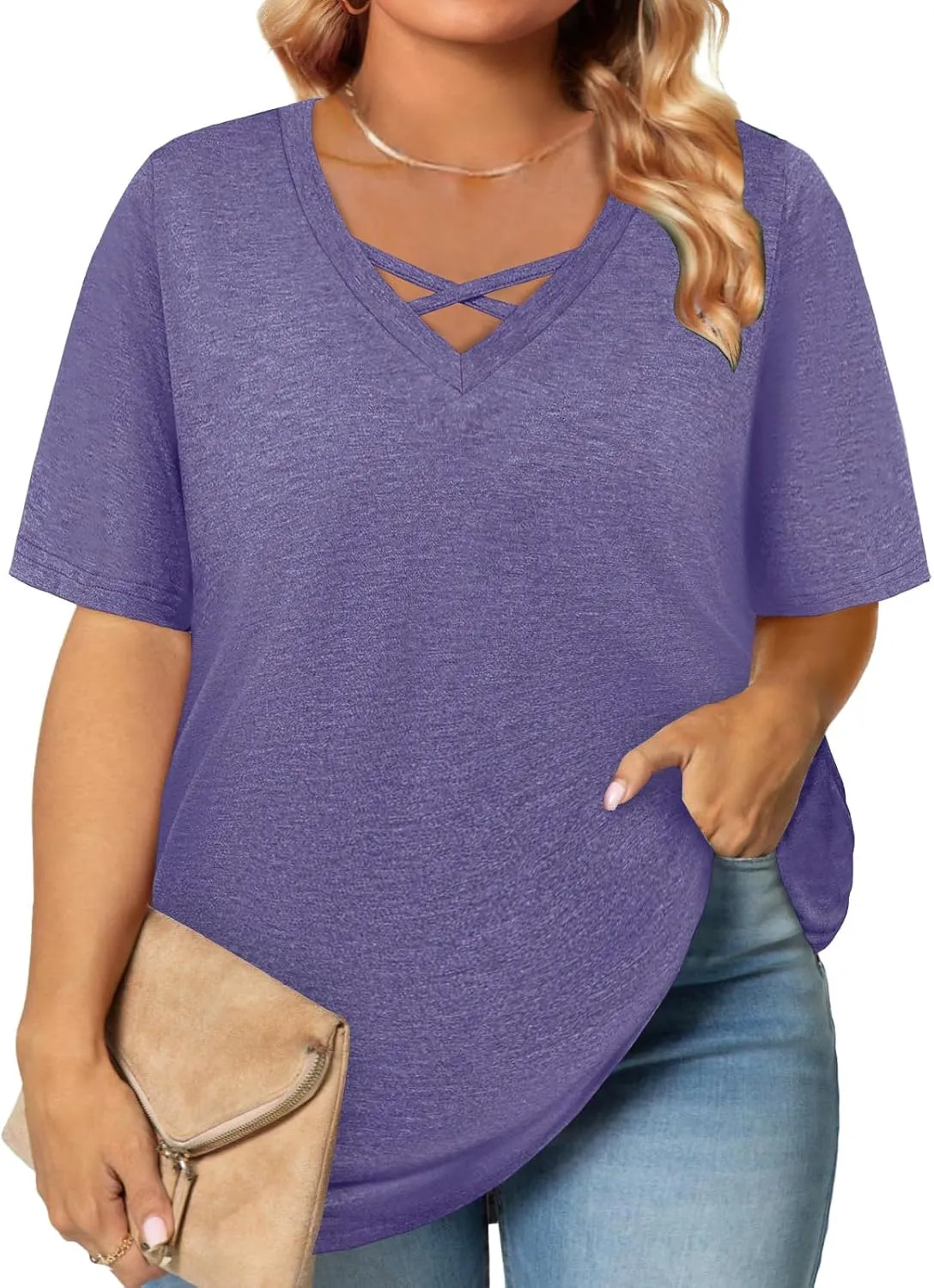 Plus Size Tops for Women Summer Trendy Criss Cross Shirts Oversized Casual Loose Fit Tunic Tops