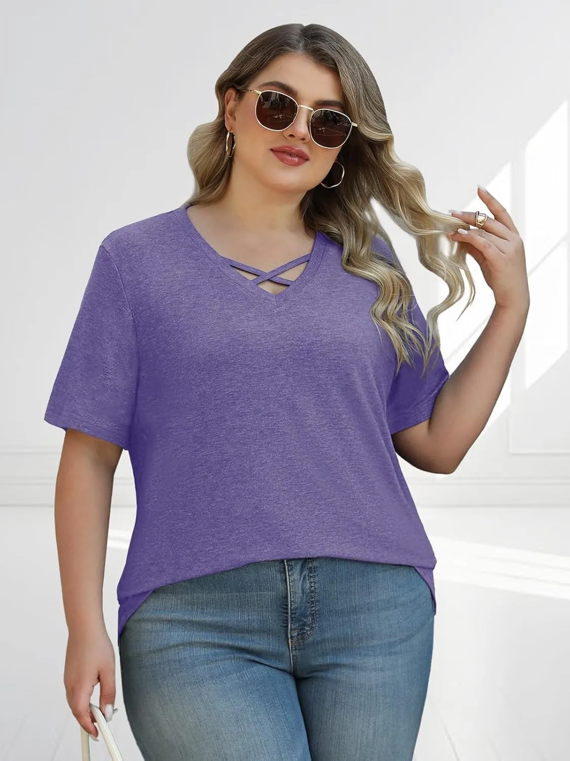 Plus Size Tops for Women Summer Trendy Criss Cross Shirts Oversized Casual Loose Fit Tunic Tops
