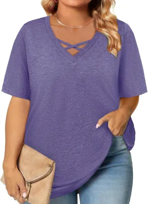 Plus Size Tops for Women Summer Trendy Criss Cross Shirts Oversized Casual Loose Fit Tunic Tops