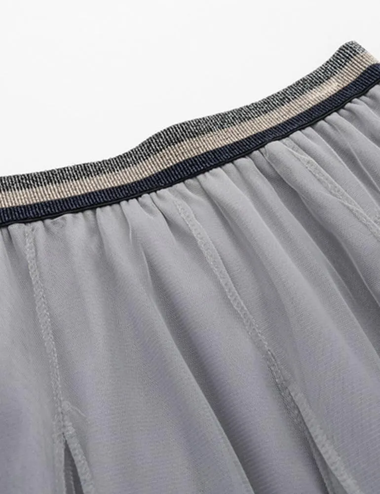 Polyester Fabric Tulle Skirt for Women Embroidered Pleated Midi Skirt Fairy A-line High Waist Layered Flowy Skirt Length 80cm