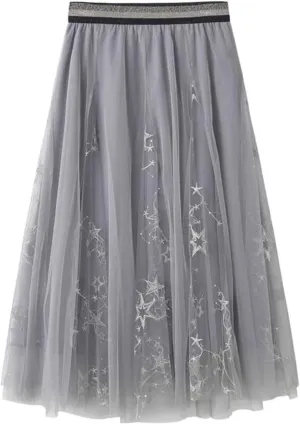 Polyester Fabric Tulle Skirt for Women Embroidered Pleated Midi Skirt Fairy A-line High Waist Layered Flowy Skirt Length 80cm