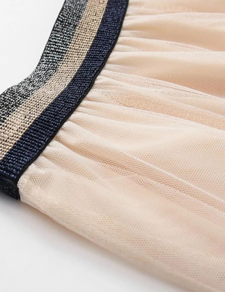 Polyester Fabric Tulle Skirt for Women Embroidered Pleated Midi Skirt Fairy A-line High Waist Layered Flowy Skirt Length 80cm