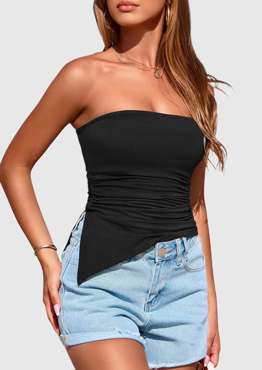 PRETTYGARDEN Womens Summer Tube Tops 2025 Trendy Strapless Ruched Going Out Tops Outfits Asymmetrical Bandeau Shirts