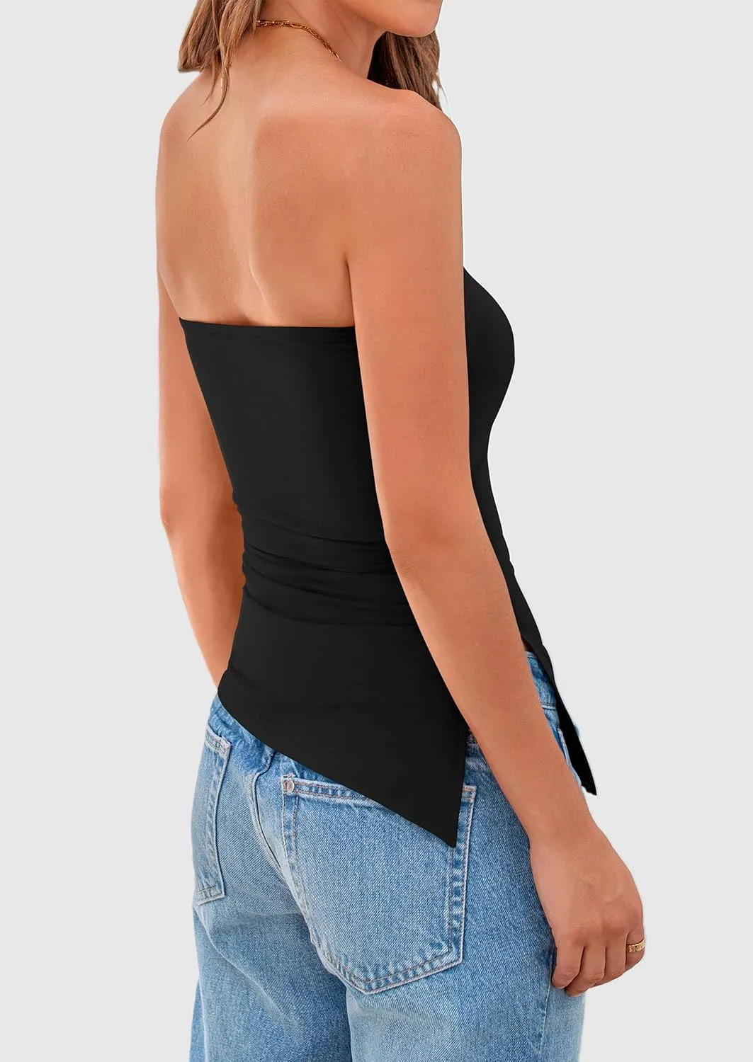 PRETTYGARDEN Womens Summer Tube Tops 2025 Trendy Strapless Ruched Going Out Tops Outfits Asymmetrical Bandeau Shirts