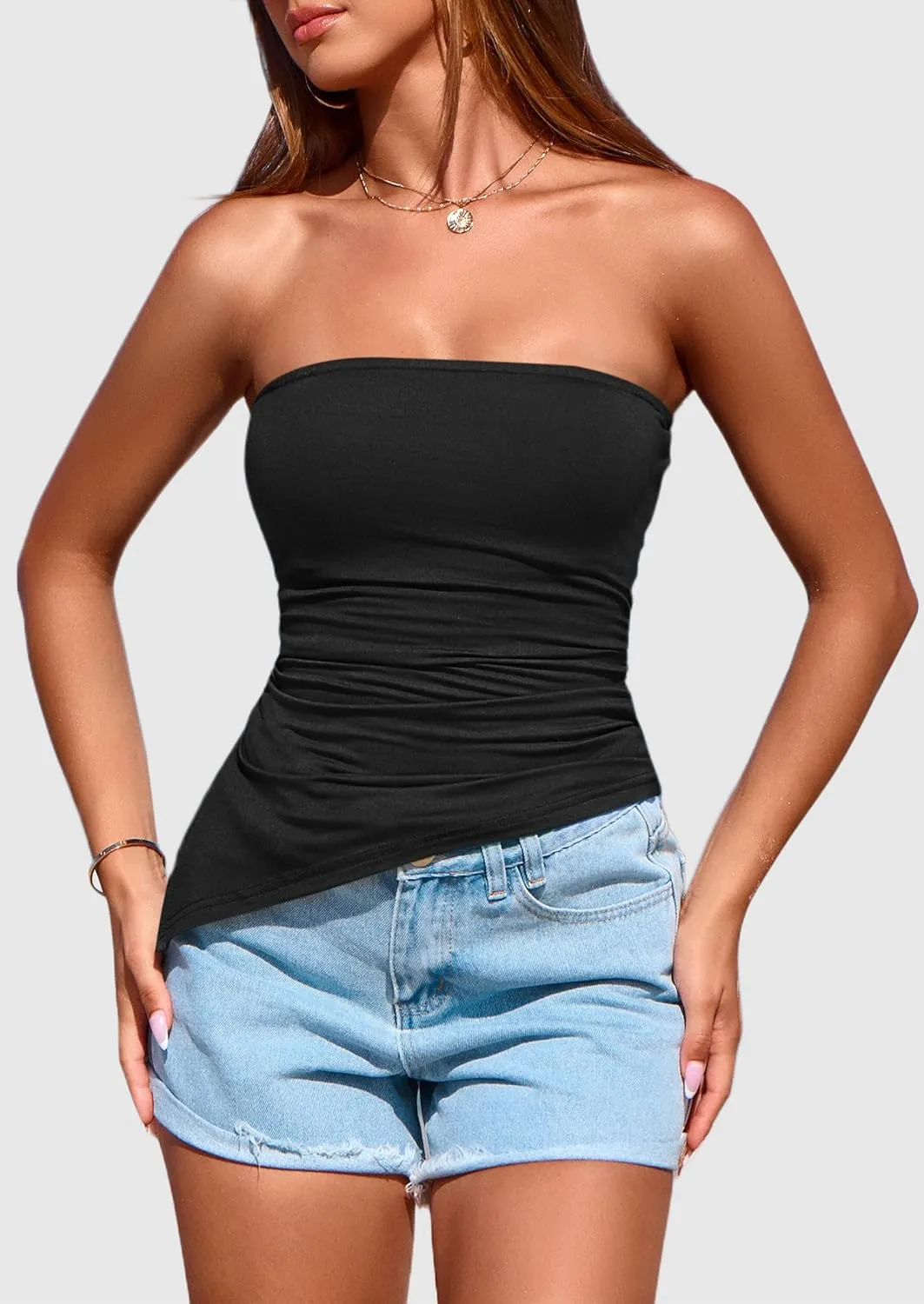 PRETTYGARDEN Womens Summer Tube Tops 2025 Trendy Strapless Ruched Going Out Tops Outfits Asymmetrical Bandeau Shirts
