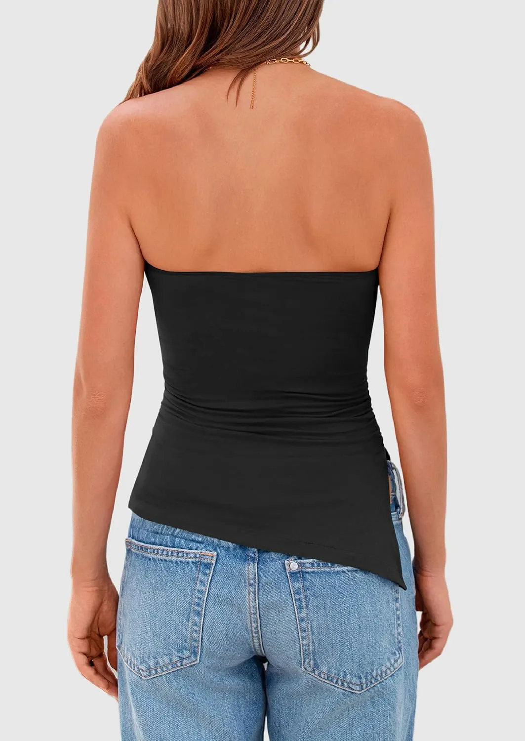 PRETTYGARDEN Womens Summer Tube Tops 2025 Trendy Strapless Ruched Going Out Tops Outfits Asymmetrical Bandeau Shirts