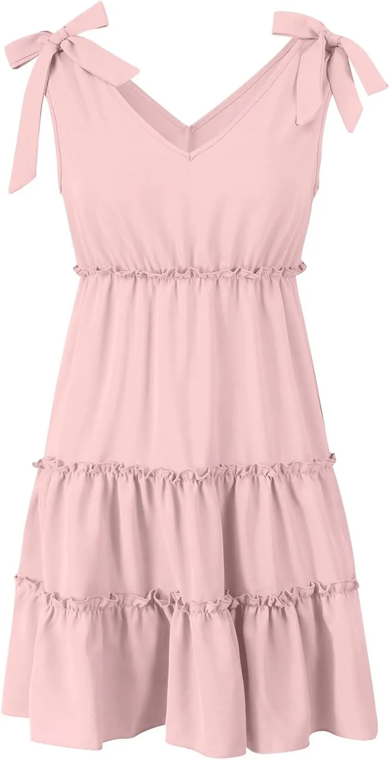 PTOLOCIF Women's Summer Casual V Neck Sleeveless Mini Dress Tie Shoulder Width Layered Ruffles Dress for Beach