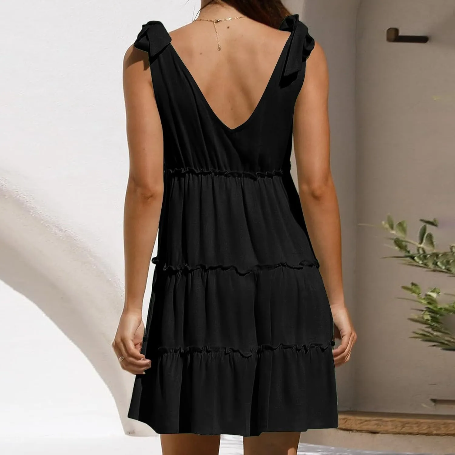 PTOLOCIF Women's Summer Casual V Neck Sleeveless Mini Dress Tie Shoulder Width Layered Ruffles Dress for Beach