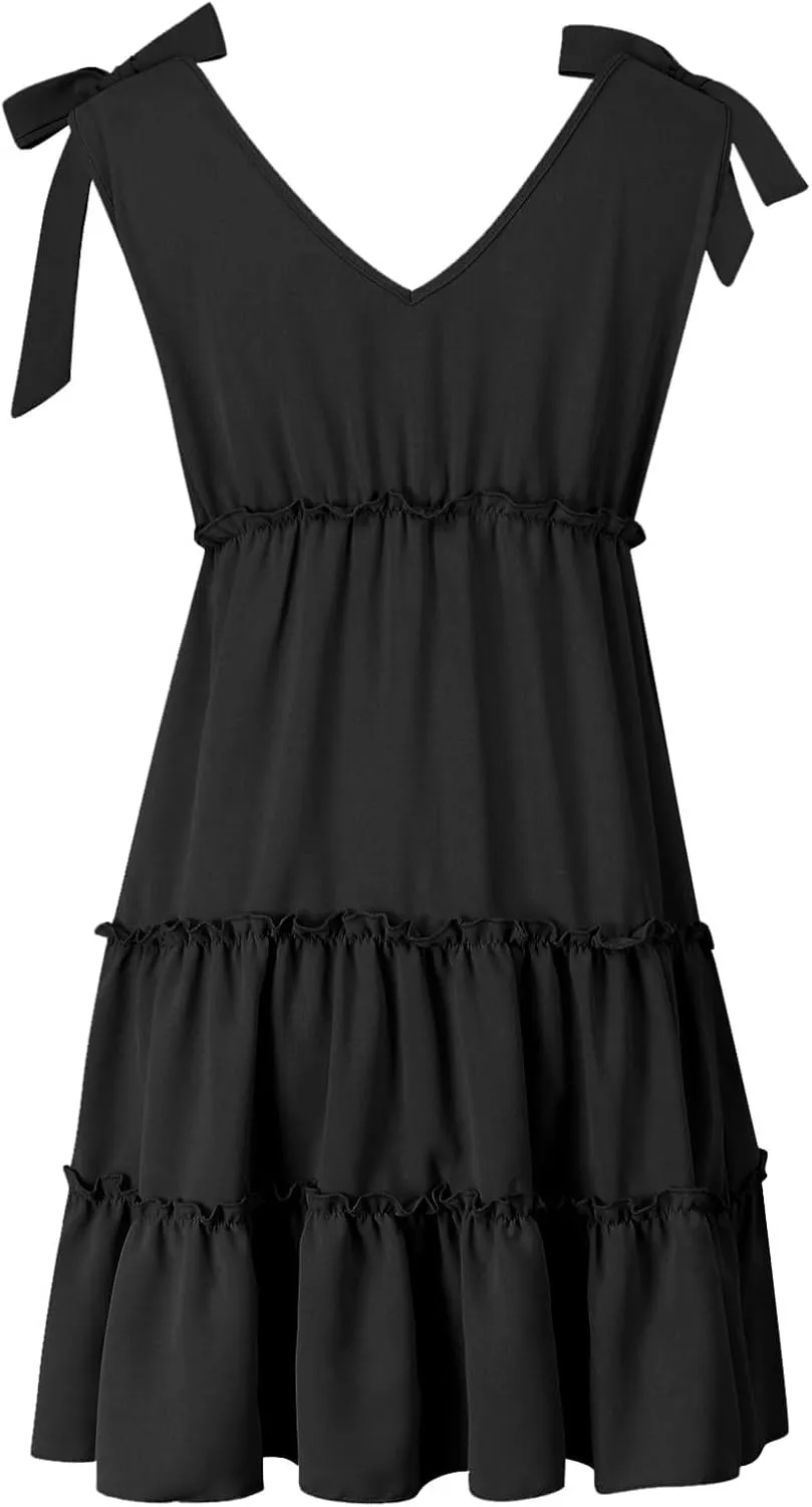 PTOLOCIF Women's Summer Casual V Neck Sleeveless Mini Dress Tie Shoulder Width Layered Ruffles Dress for Beach