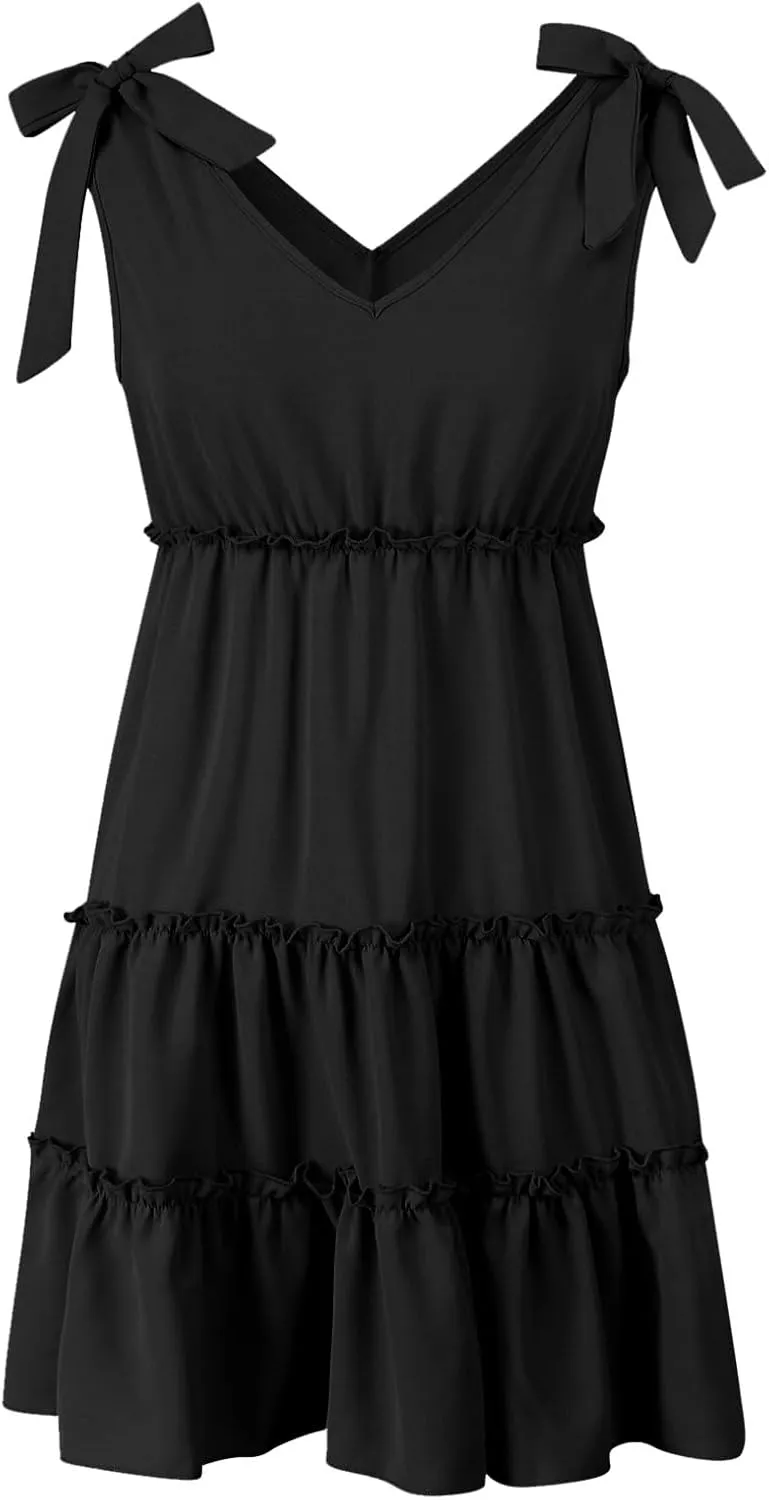 PTOLOCIF Women's Summer Casual V Neck Sleeveless Mini Dress Tie Shoulder Width Layered Ruffles Dress for Beach