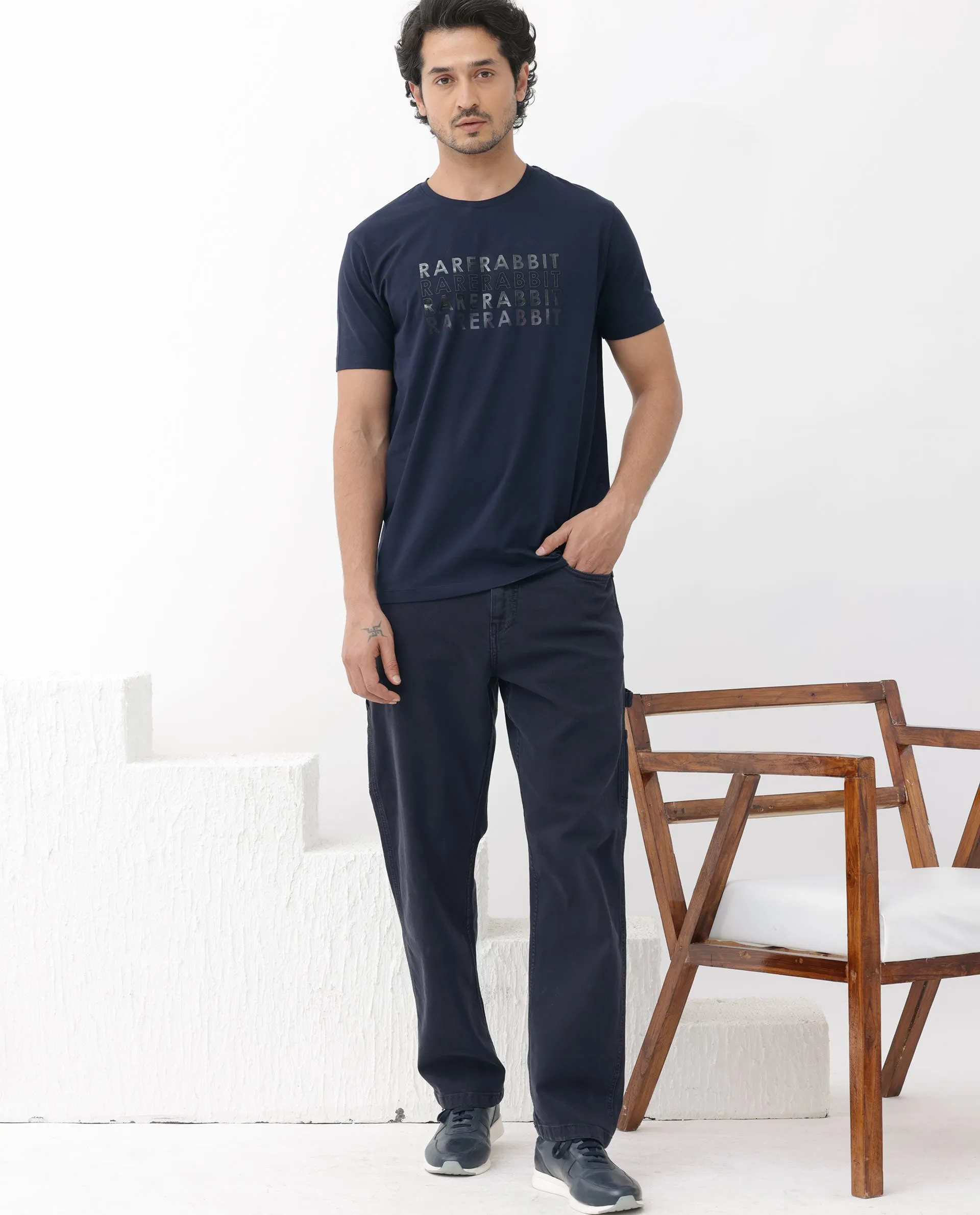 Rare Rabbit Men's Callum Navy Cotton Lycra Fabric Half Sleeves Graphic Statement Print T-Shirt