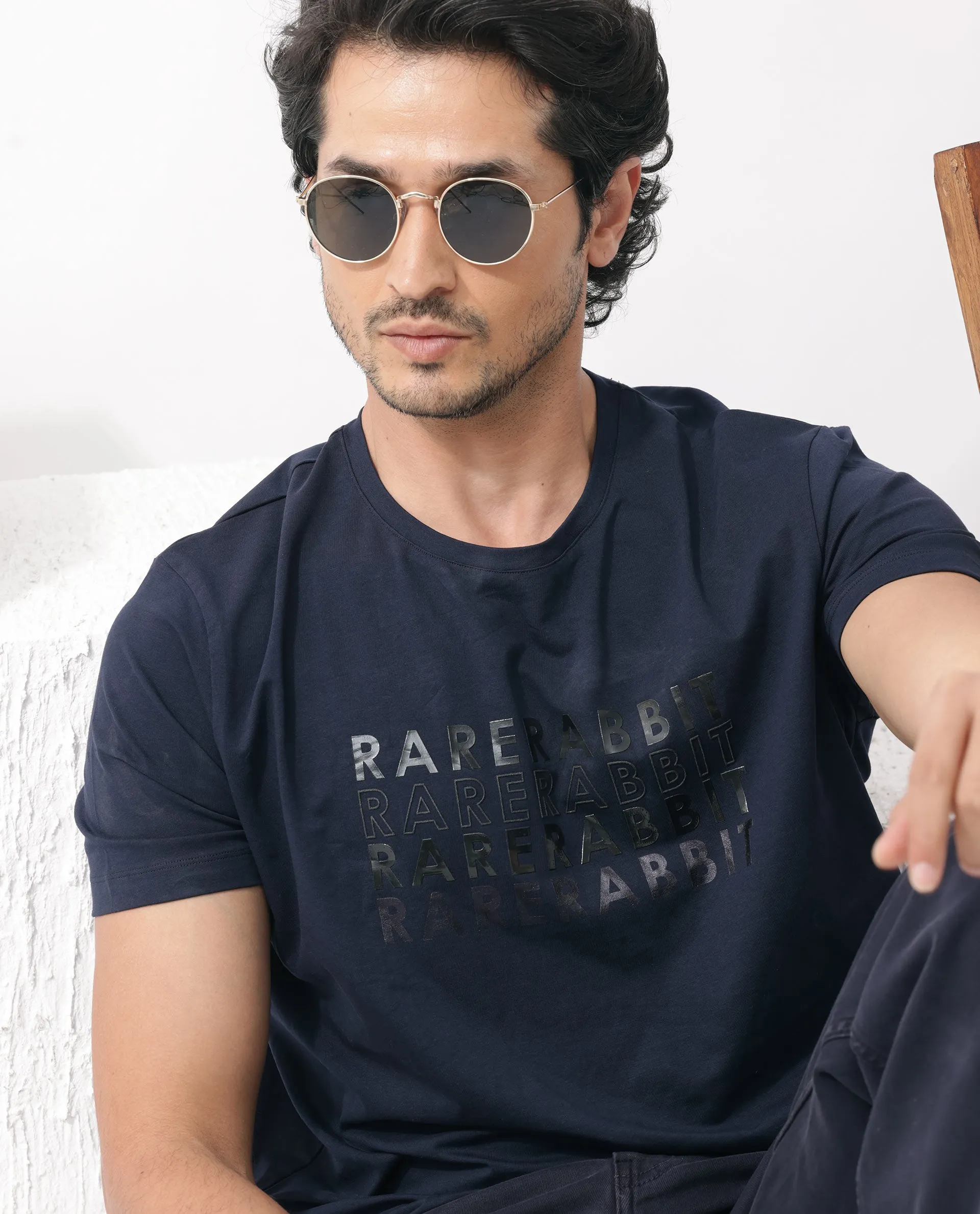 Rare Rabbit Men's Callum Navy Cotton Lycra Fabric Half Sleeves Graphic Statement Print T-Shirt