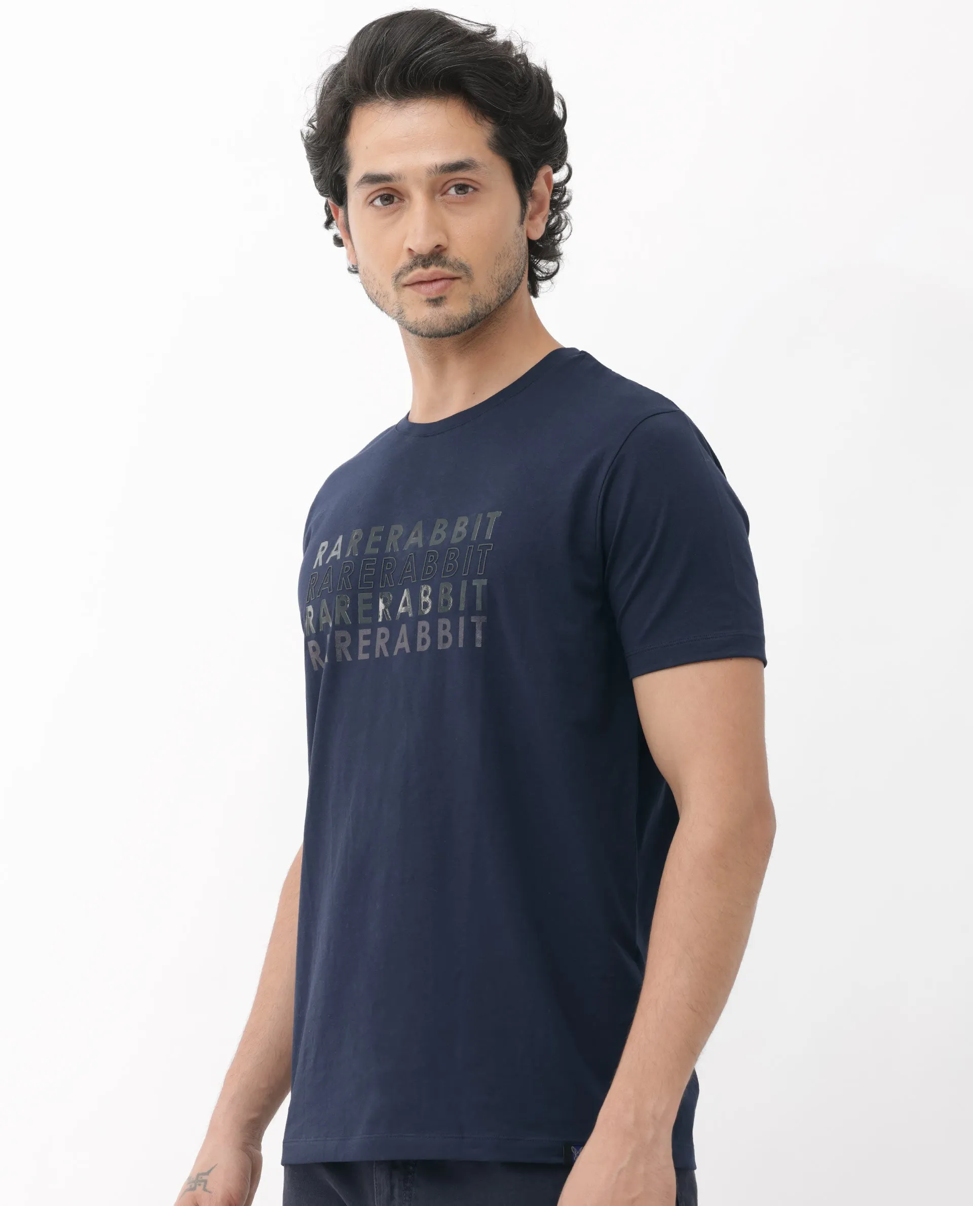 Rare Rabbit Men's Callum Navy Cotton Lycra Fabric Half Sleeves Graphic Statement Print T-Shirt