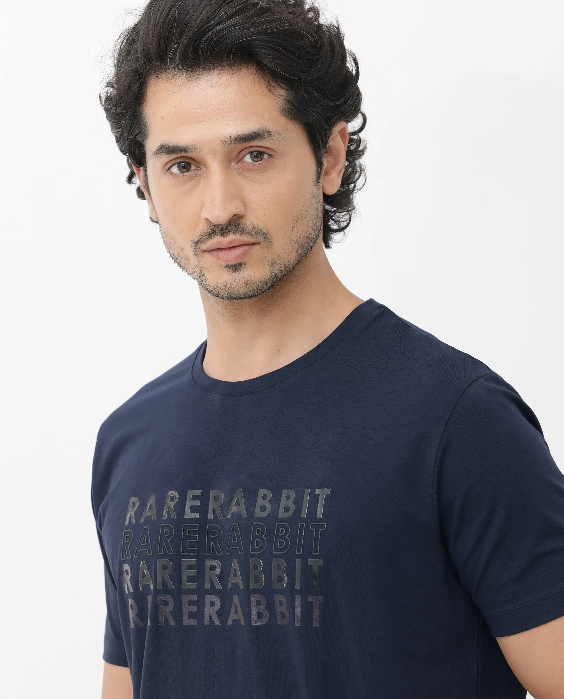 Rare Rabbit Men's Callum Navy Cotton Lycra Fabric Half Sleeves Graphic Statement Print T-Shirt