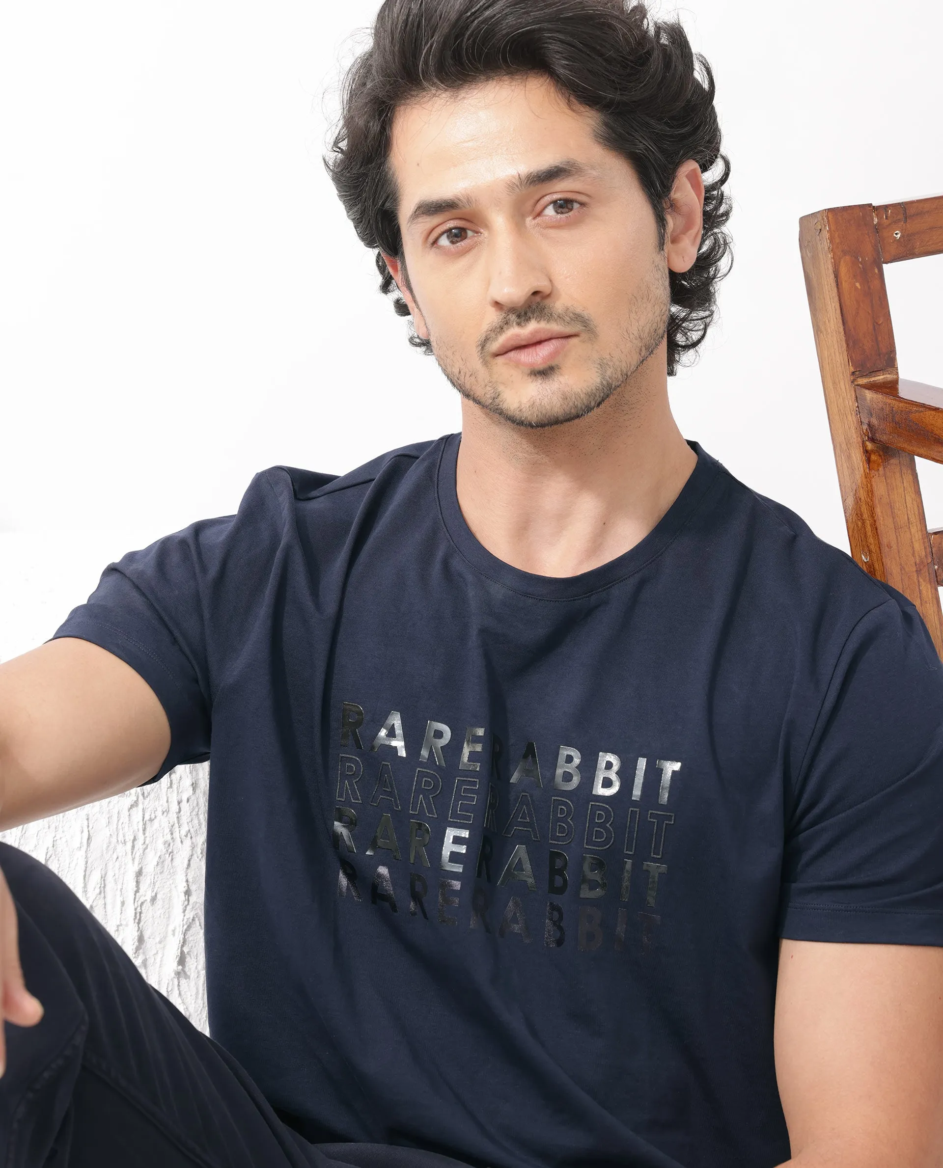 Rare Rabbit Men's Callum Navy Cotton Lycra Fabric Half Sleeves Graphic Statement Print T-Shirt