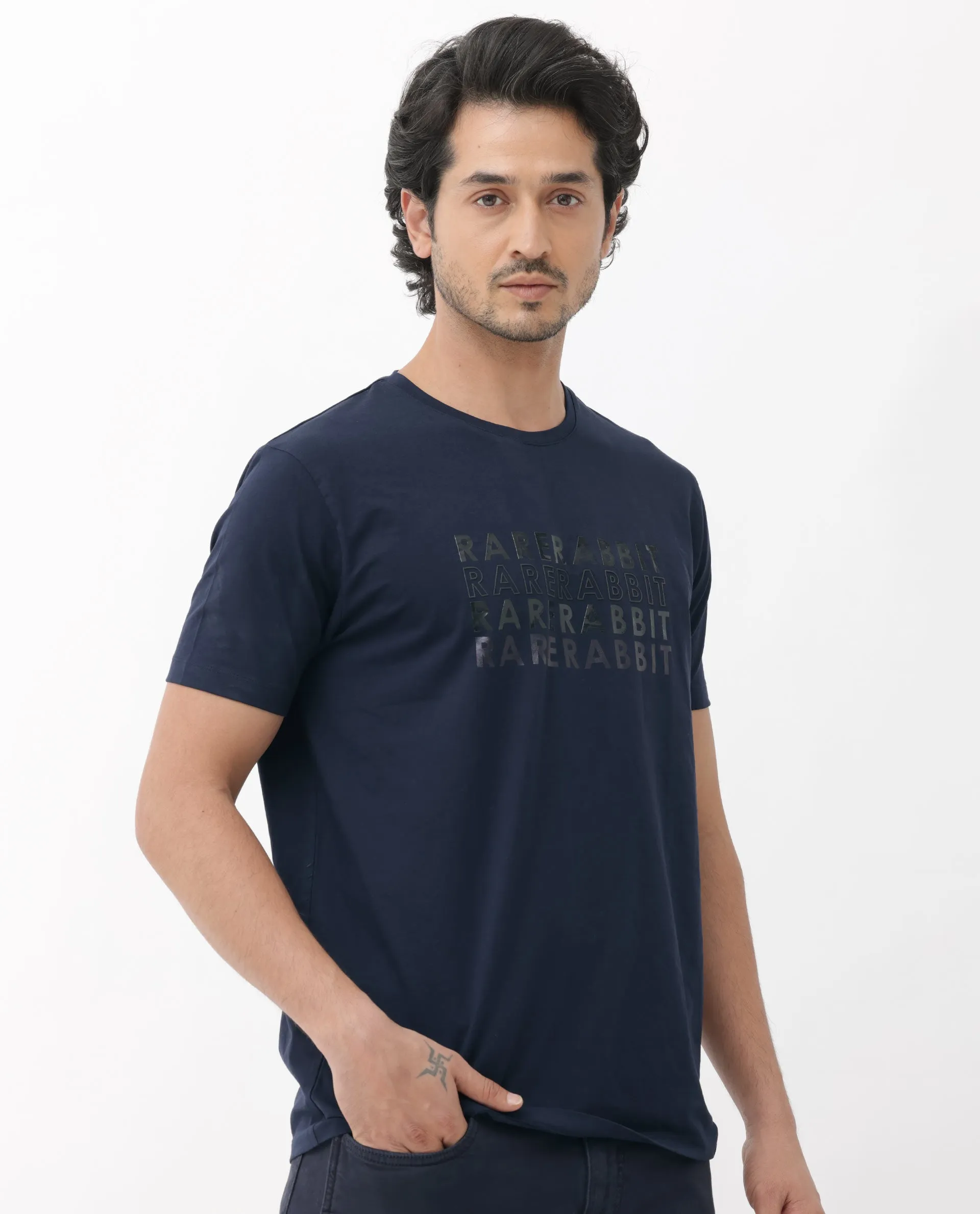 Rare Rabbit Men's Callum Navy Cotton Lycra Fabric Half Sleeves Graphic Statement Print T-Shirt