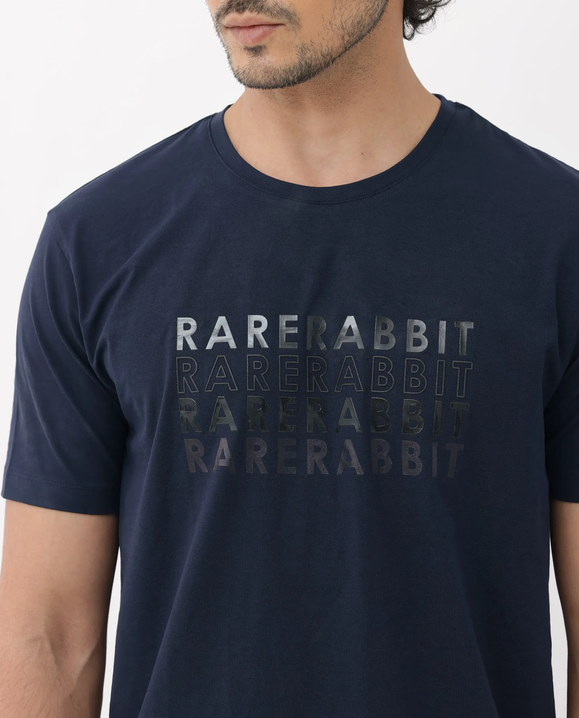 Rare Rabbit Men's Callum Navy Cotton Lycra Fabric Half Sleeves Graphic Statement Print T-Shirt