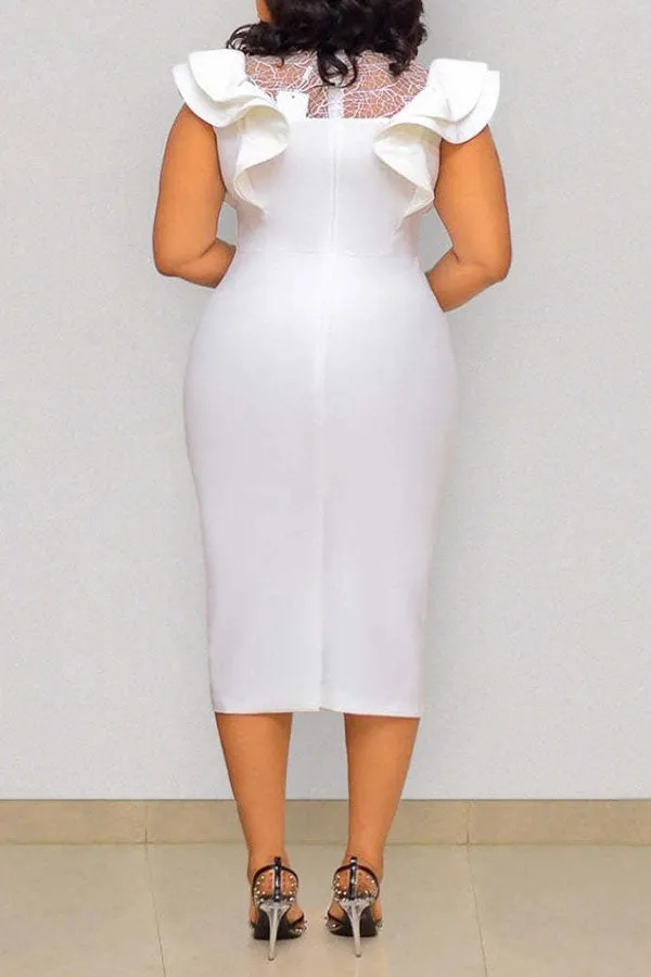 Rhinestone Feminine Ruffle Mesh Patchwork Midi Dress