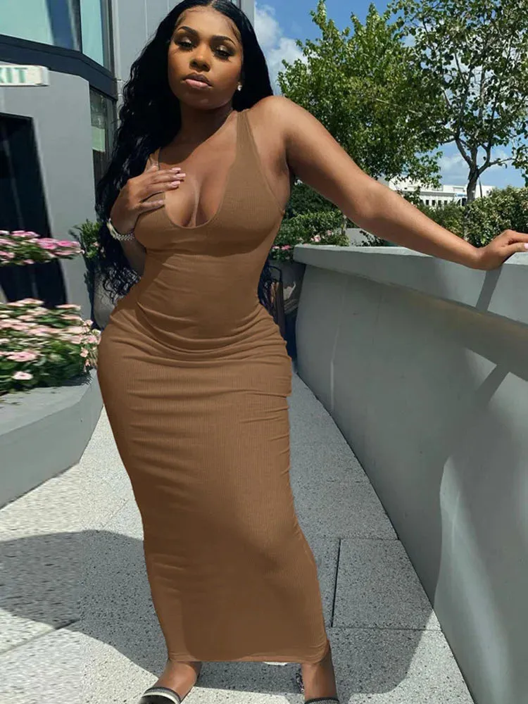 Ribbed Knitted Stripe V Neck Streetwear Club Elegant Summer Midi Dresses