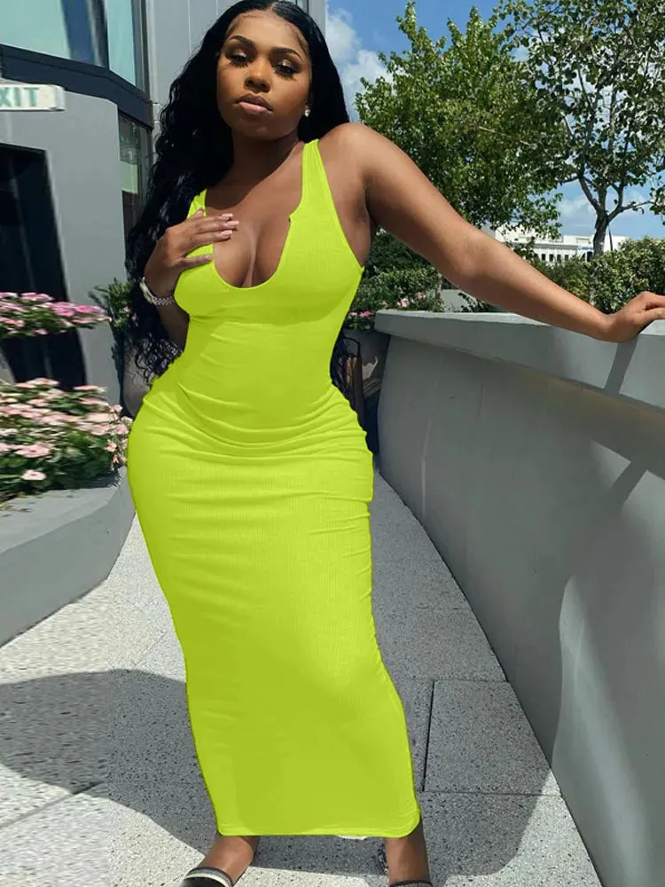 Ribbed Knitted Stripe V Neck Streetwear Club Elegant Summer Midi Dresses