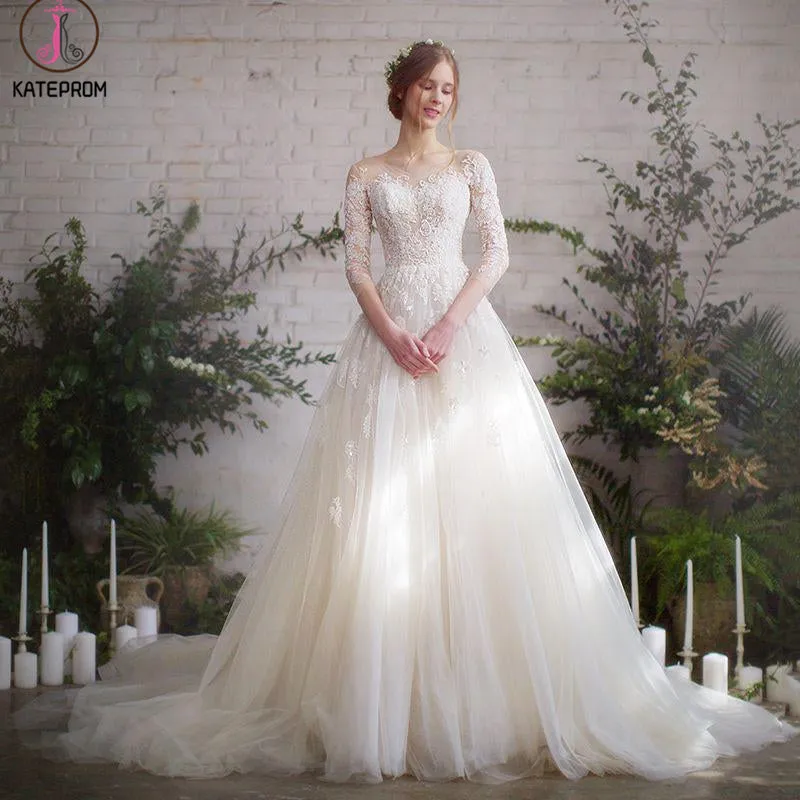 Romantic 3/4 Sleeves Illusion Neckline Lace Appliqued Wedding Dresses KPW0589
