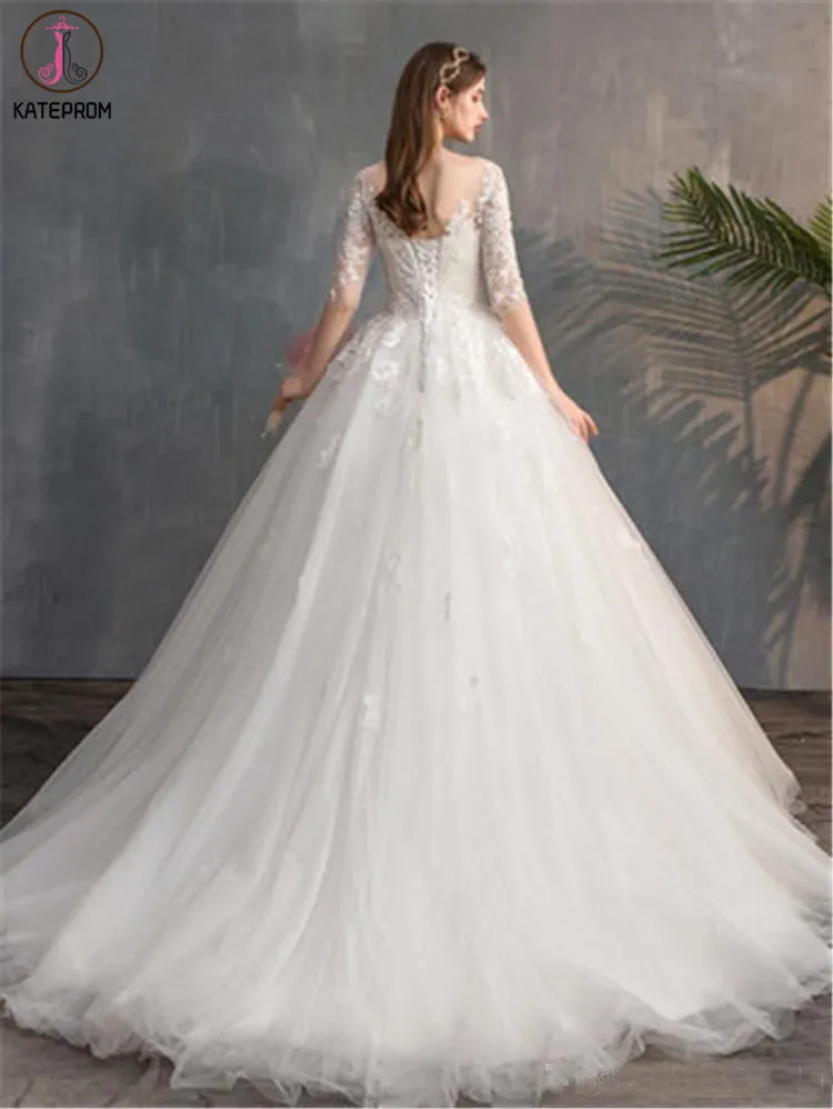 Romantic 3/4 Sleeves Illusion Neckline Lace Appliqued Wedding Dresses KPW0589
