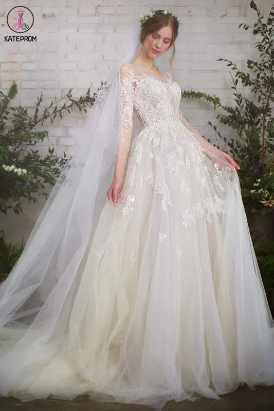 Romantic 3/4 Sleeves Illusion Neckline Lace Appliqued Wedding Dresses KPW0589