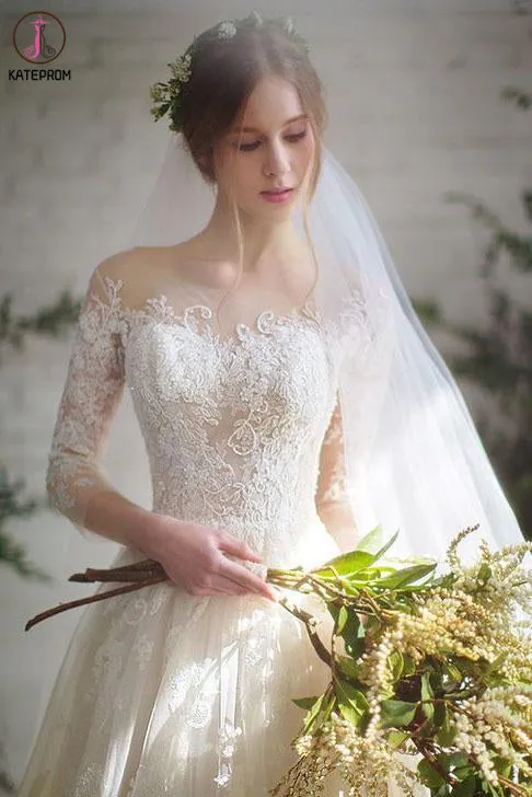 Romantic 3/4 Sleeves Illusion Neckline Lace Appliqued Wedding Dresses KPW0589