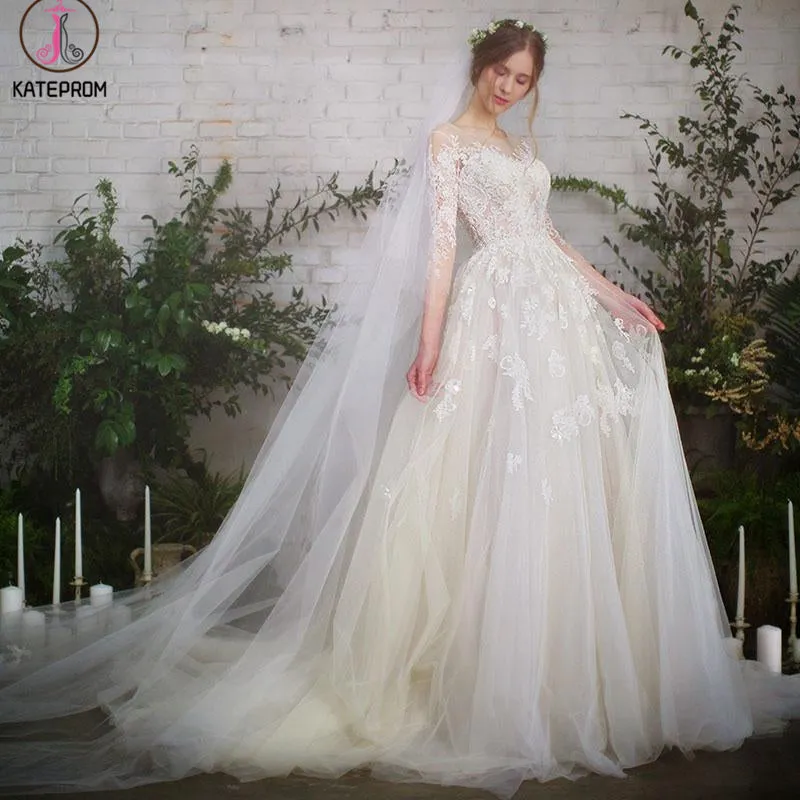 Romantic 3/4 Sleeves Illusion Neckline Lace Appliqued Wedding Dresses KPW0589
