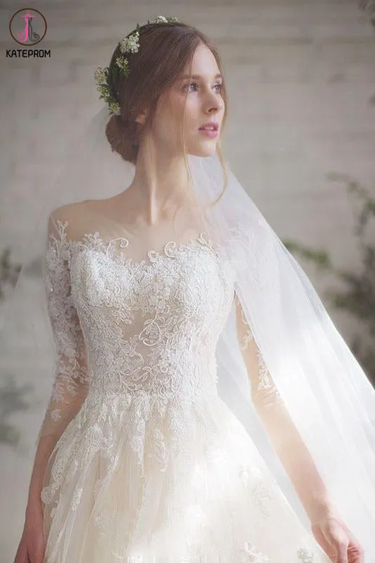 Romantic 3/4 Sleeves Illusion Neckline Lace Appliqued Wedding Dresses KPW0589