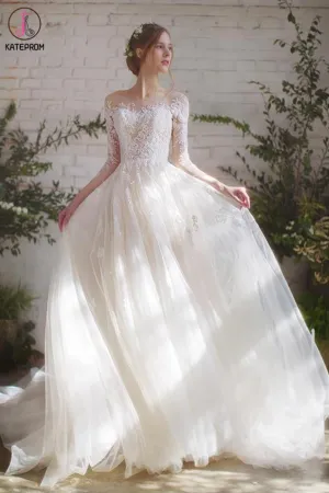 Romantic 3/4 Sleeves Illusion Neckline Lace Appliqued Wedding Dresses KPW0589