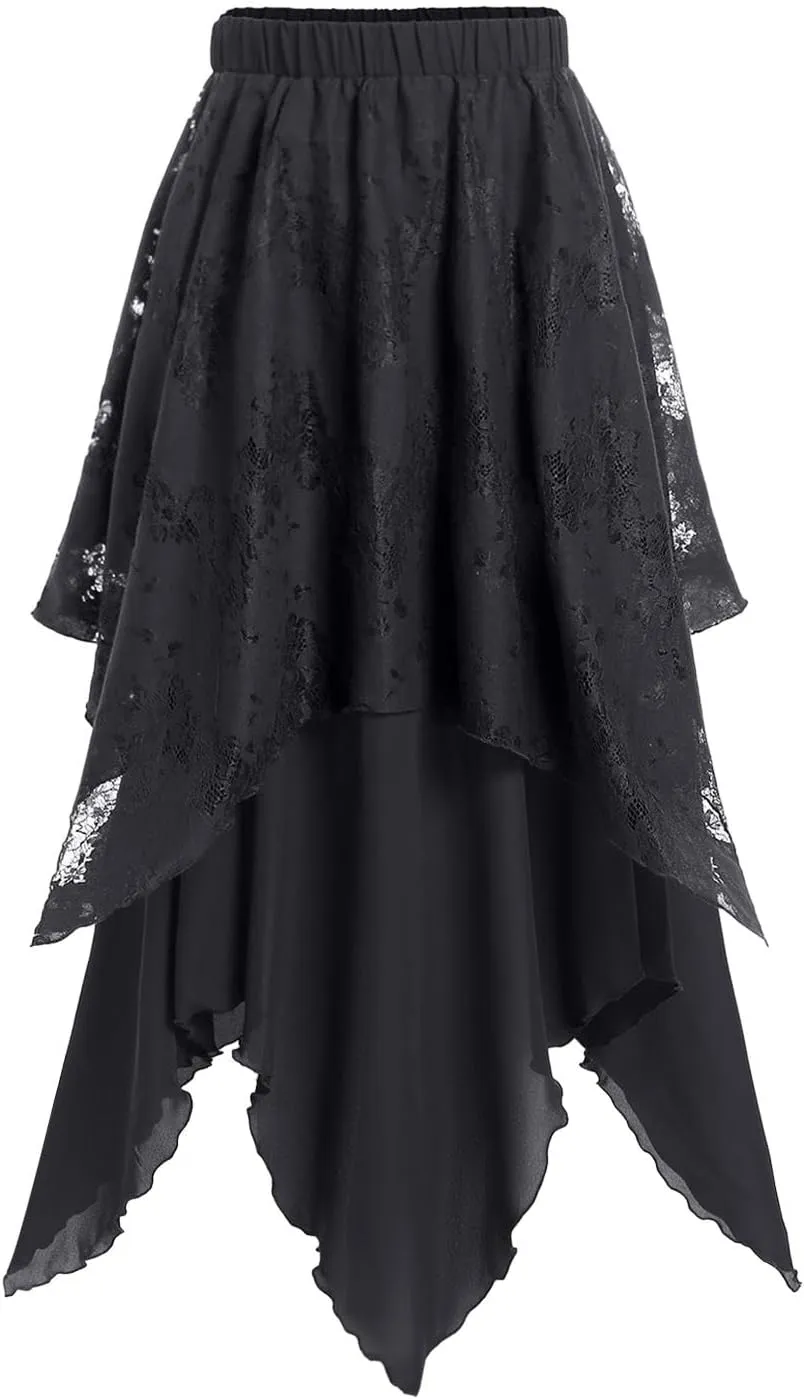Rosegal Womens Plus Size Gothic Lace Overlay Layered Handkerchief Hem Flowy Maxi Skirt