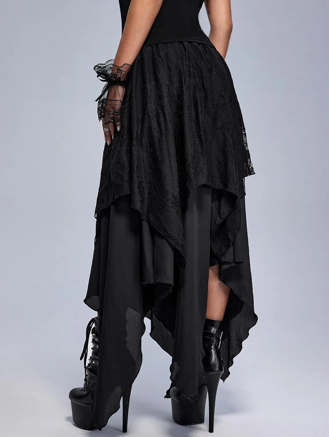 Rosegal Womens Plus Size Gothic Lace Overlay Layered Handkerchief Hem Flowy Maxi Skirt