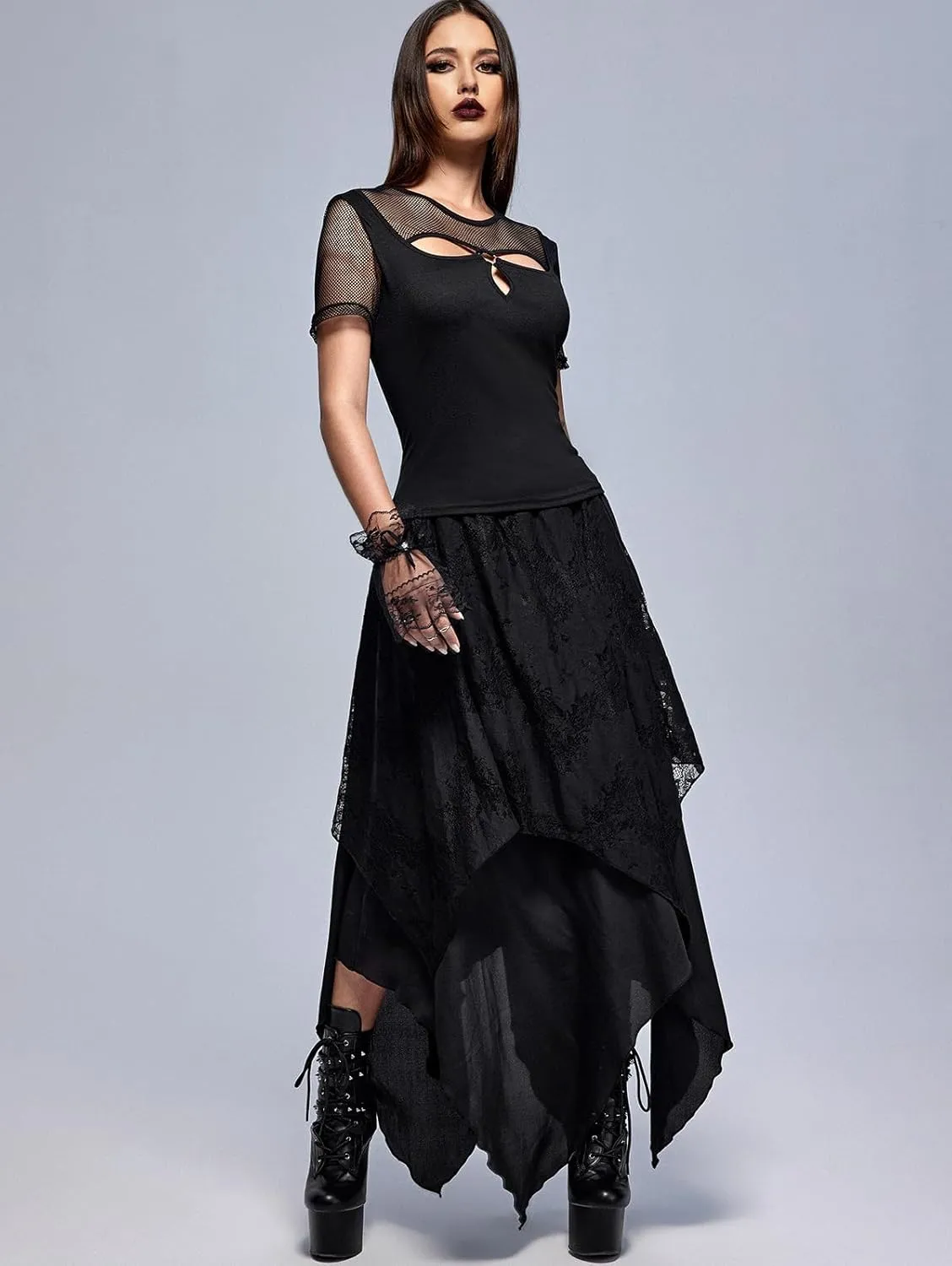 Rosegal Womens Plus Size Gothic Lace Overlay Layered Handkerchief Hem Flowy Maxi Skirt