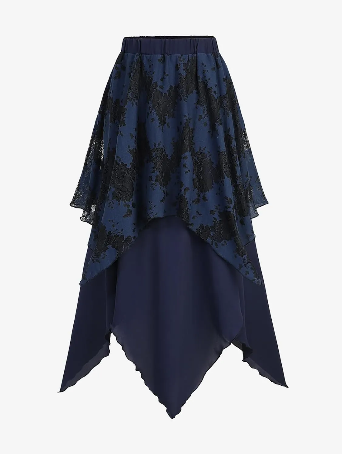 Rosegal Womens Plus Size Gothic Lace Overlay Layered Handkerchief Hem Flowy Maxi Skirt