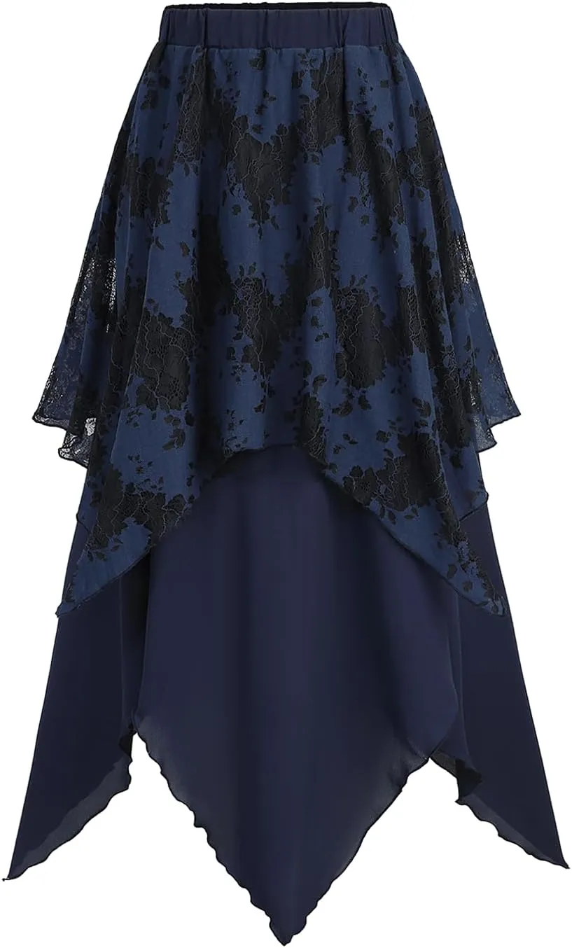 Rosegal Womens Plus Size Gothic Lace Overlay Layered Handkerchief Hem Flowy Maxi Skirt