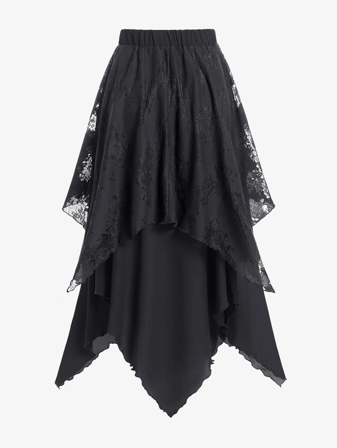 Rosegal Womens Plus Size Gothic Lace Overlay Layered Handkerchief Hem Flowy Maxi Skirt